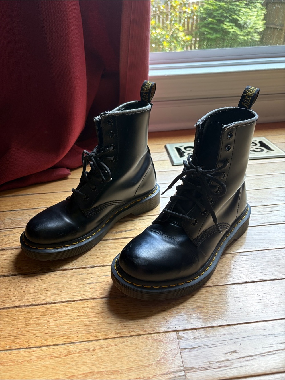 Dr. Martens Black Leather Combat Boots with Yellow Stitching
